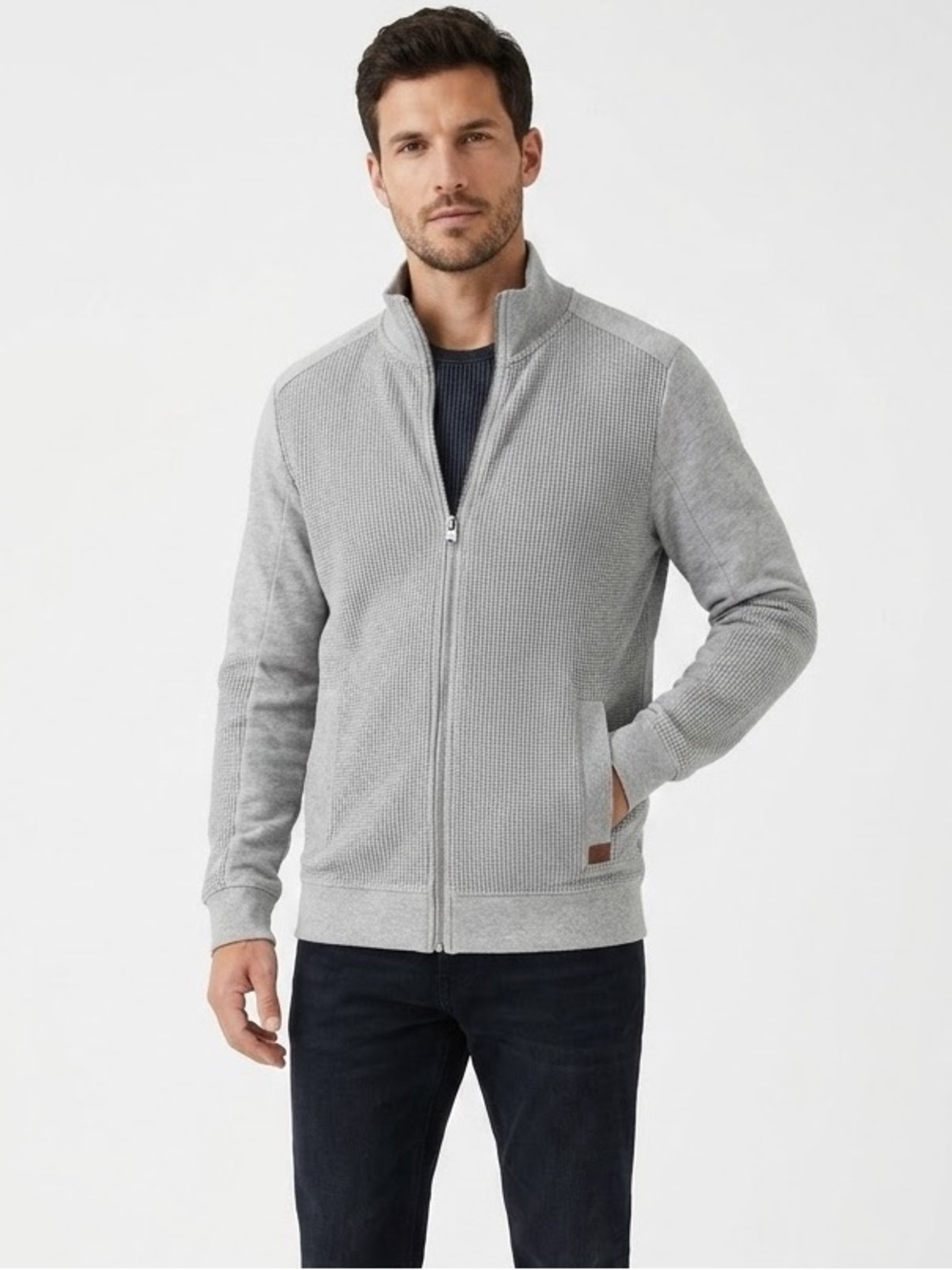 Tom Tailor Men’s Waffle Knit Full Zip Cardigan Sweater | Grey | Size M